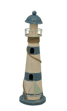 Leuchtturm aus Metall auf Holzfuss / Dekoleuchtturm – blau-weiss – Höhe 42 cm