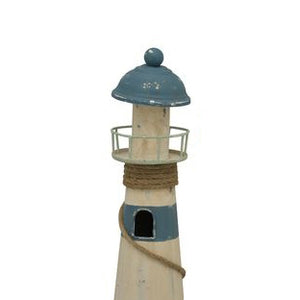 Leuchtturm aus Metall auf Holzfuss / Dekoleuchtturm – blau-weiss – Höhe 42 cm