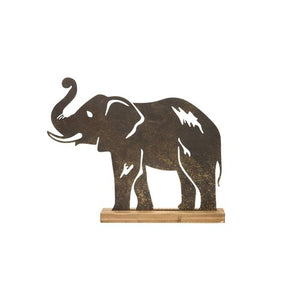 Dekofigur Metall Elefant "Safari" auf Holzfuß – antikgold-braun – Höhe 40,5 cm