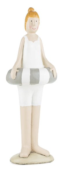 Figur Lady mit Schwimmring / Dekofigur / Statue aus Gips – weiss-grau – Höhe 45 cm