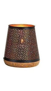 Windlicht Kerzenständer Metall auf Mangoholzsockel – schwarz-gold – Höhe 16 cm